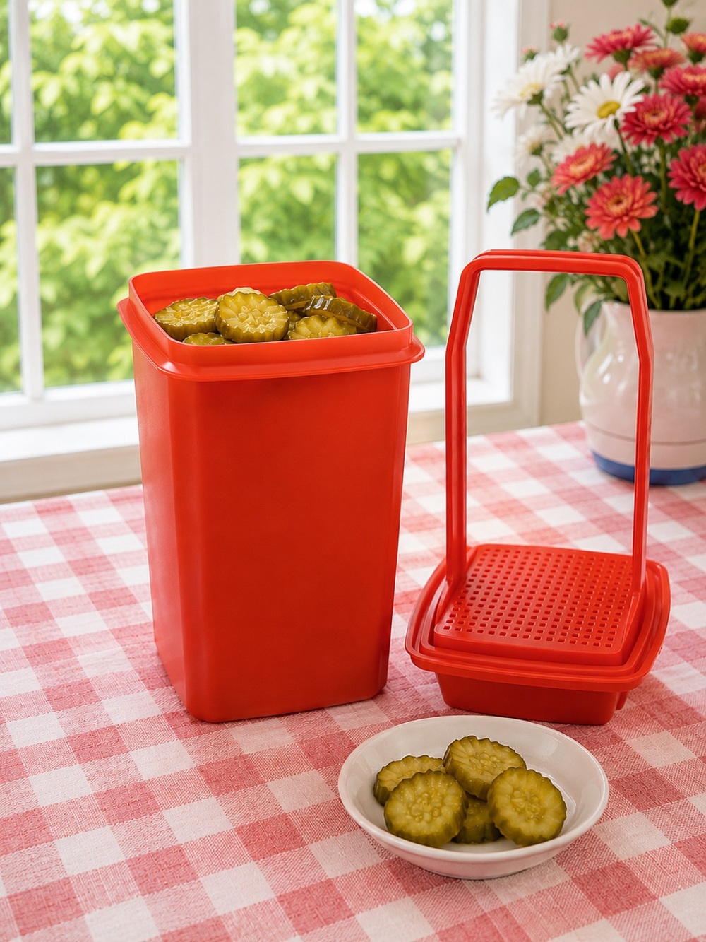 Tupperware Pick A Deli 4 1/2 Cup Chili Red w/Lift Up Strainer MESS FREE BPA FREE